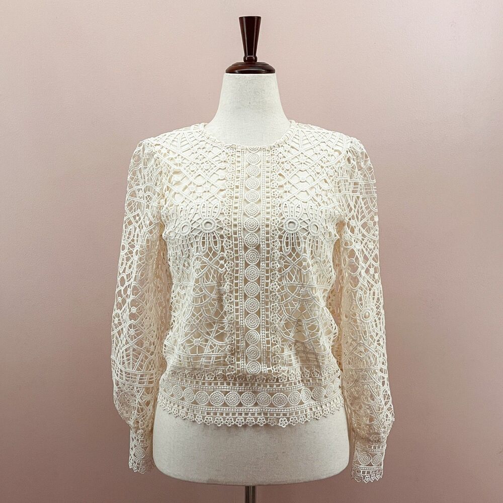 Ultra Pink Boho Ivory Lace Long Sleeve Blouse M Cottagecore Coquette Romantic